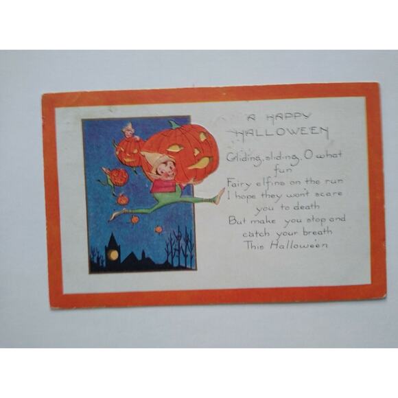 Halloween Postcard Whitney Running Fairy Gnome Elf Brownie 1923 Boston Fantasy - Picture 3 of 5